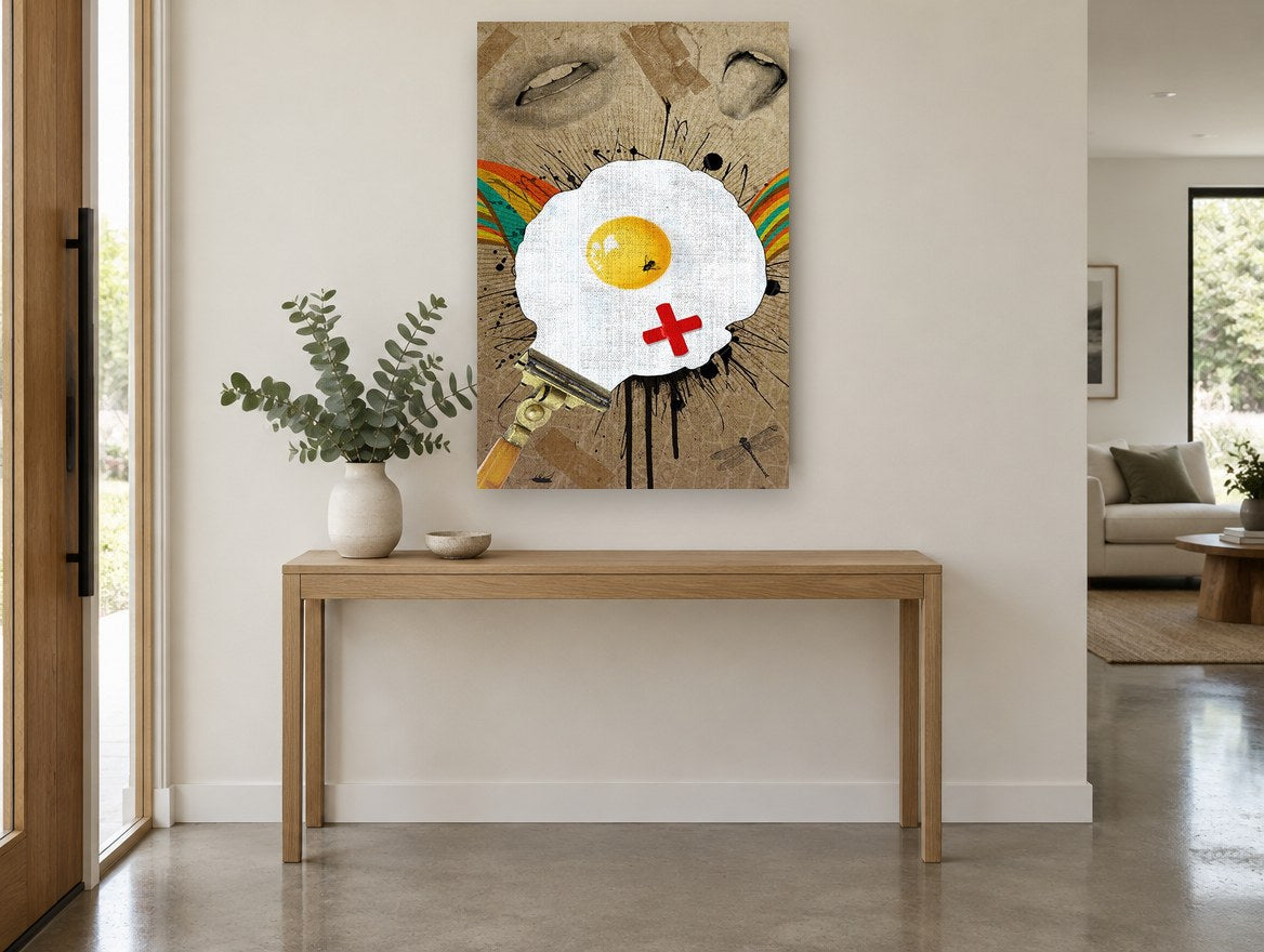Razor Fried Egg kitchen canvas print on the wall of a entry hall