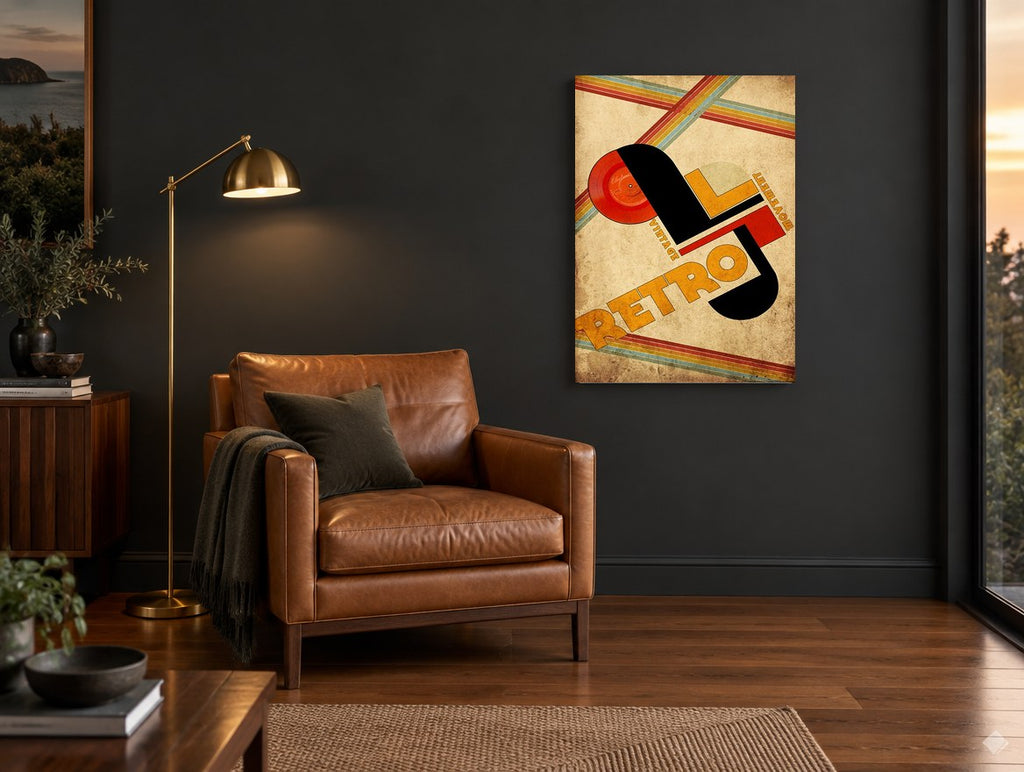 Retro Vinyl Movement vintage canvas print on the wall of a charcoal living room