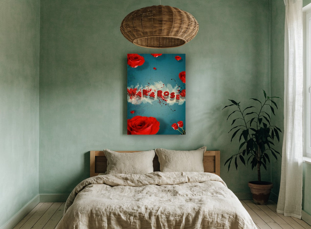 Roses In Red Splatter floral canvas print on the wall of a bedroom