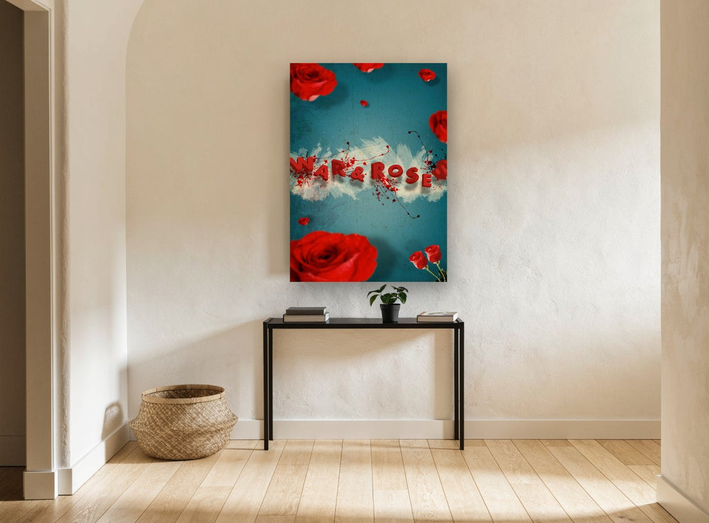 Roses In Red Splatter floral canvas print on the wall of a hallway