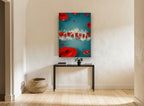Roses In Red Splatter floral canvas print on the wall of a hallway