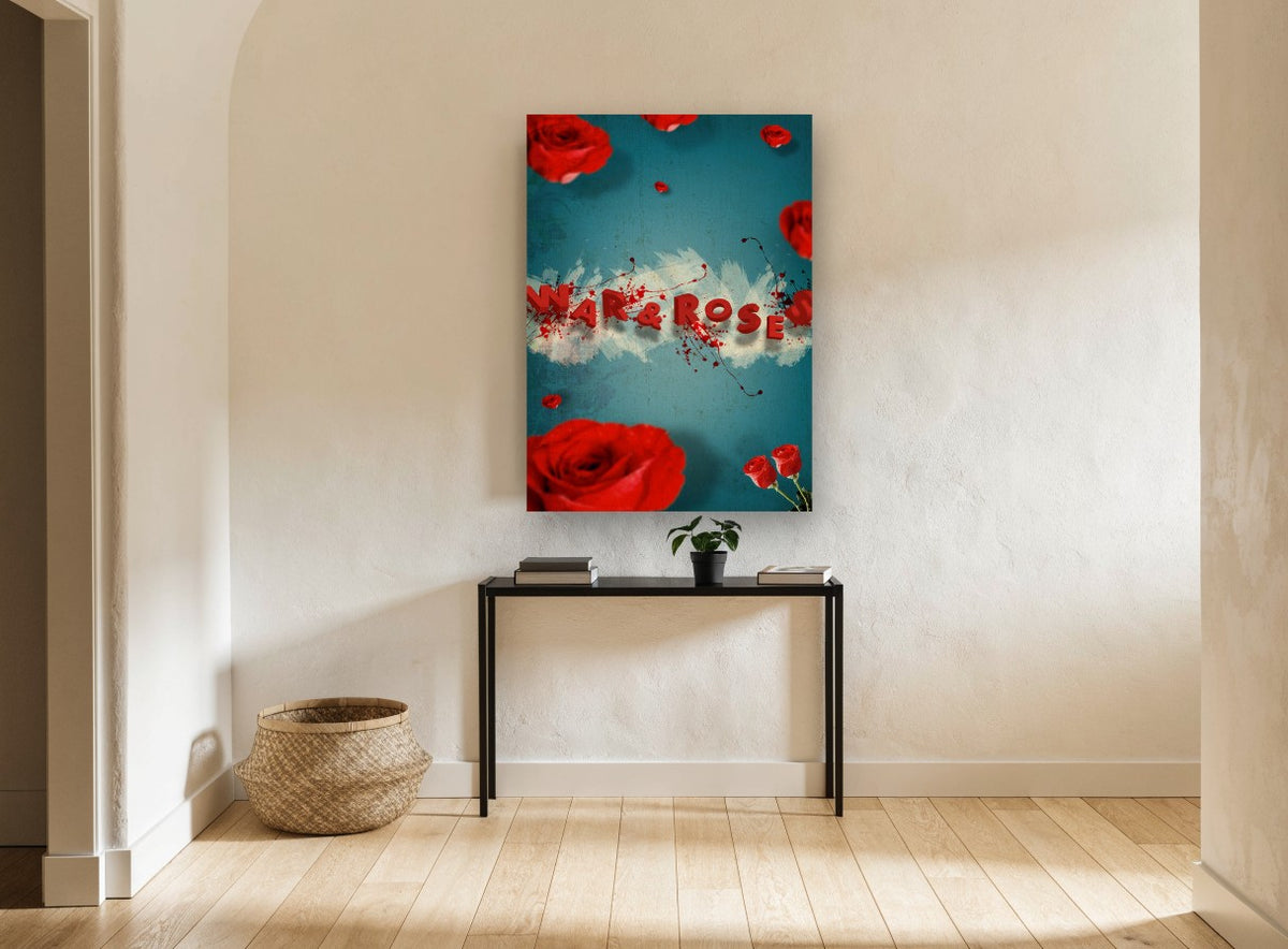 Roses In Red Splatter floral canvas print on the wall of a hallway