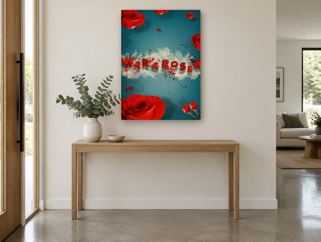 Roses In Red Splatter floral canvas print on the wall of a entry hall