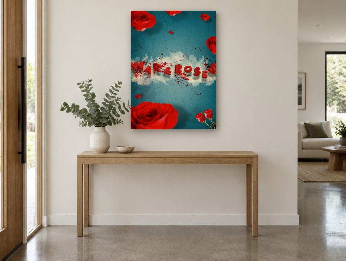 Roses In Red Splatter floral canvas print on the wall of a entry hall