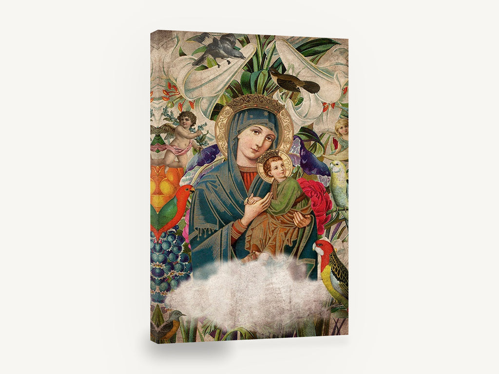 Madonna Among Lilies, madonna and child birds floral collage, floral canvas wall art print ready to hang