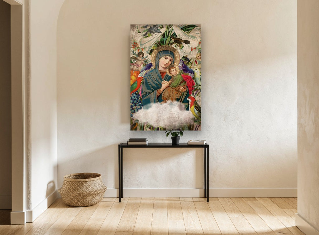 Madonna Among Lilies floral canvas print on the wall of a hallway