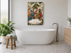 Madonna Among Lilies floral canvas print on the wall of a bathroom