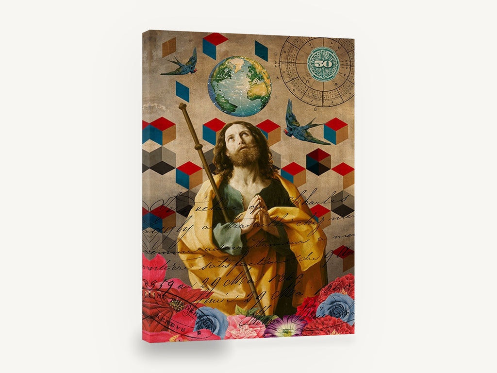 Pilgrim Among Blooms, bearded pilgrim collage with flowers and globe, floral canvas wall art print ready to hang