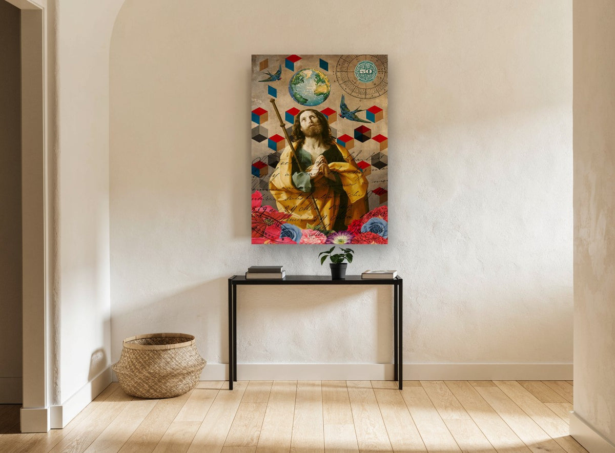 Pilgrim Among Blooms floral canvas print on the wall of a hallway
