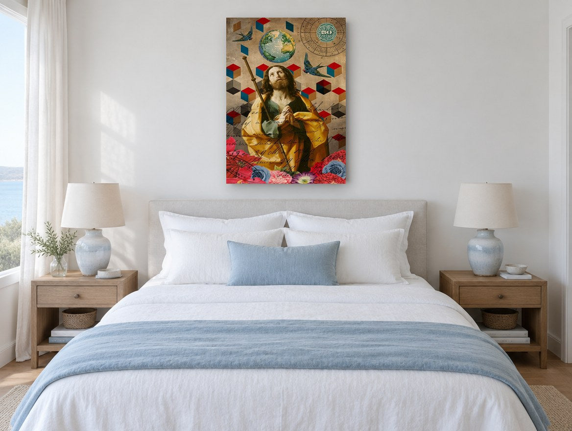 Pilgrim Among Blooms floral canvas print on the wall of a coastal bedroom