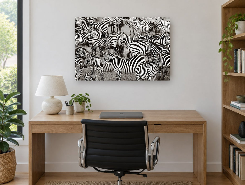 Crowded Zebra Herd animal canvas print on the wall of a study
