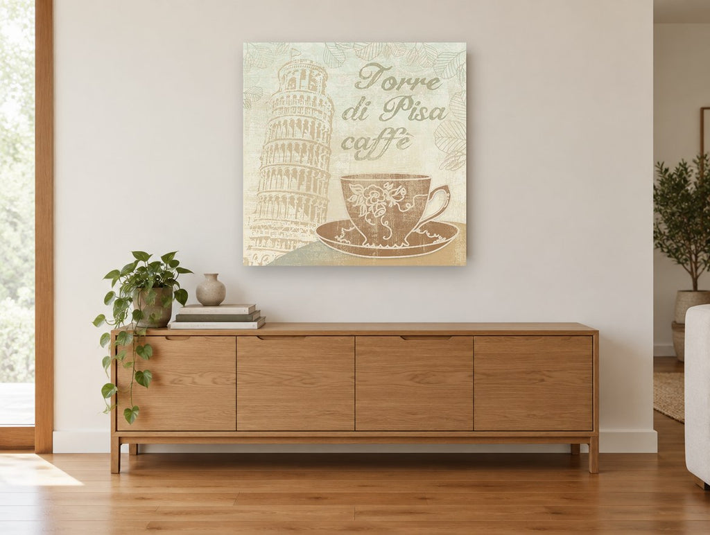 Pisa Caffè Cup kitchen canvas print on the wall of a living room above a sideboard