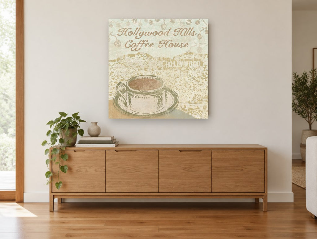 Hills Coffee House kitchen canvas print on the wall of a living room above a sideboard