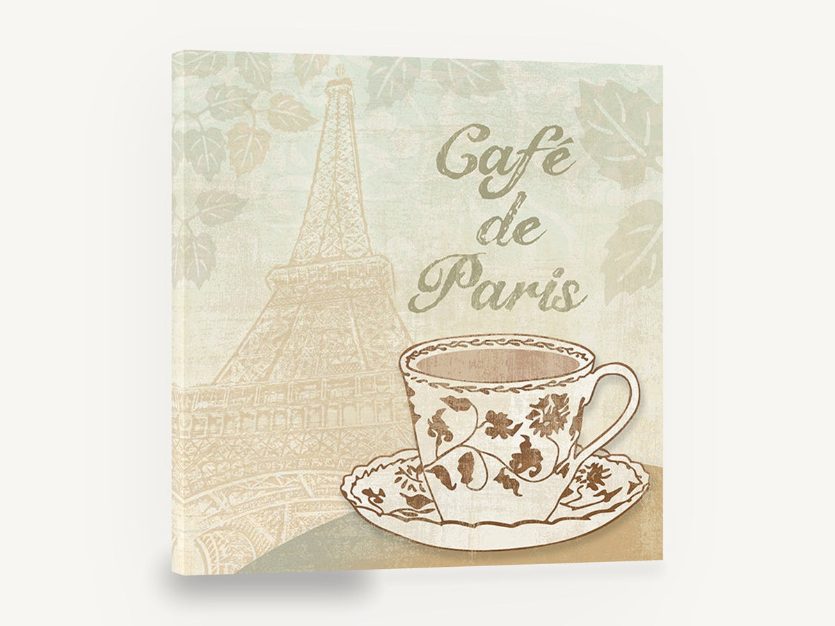Paris Café Teacup, café de paris eiffel tower teacup, kitchen canvas wall art print ready to hang