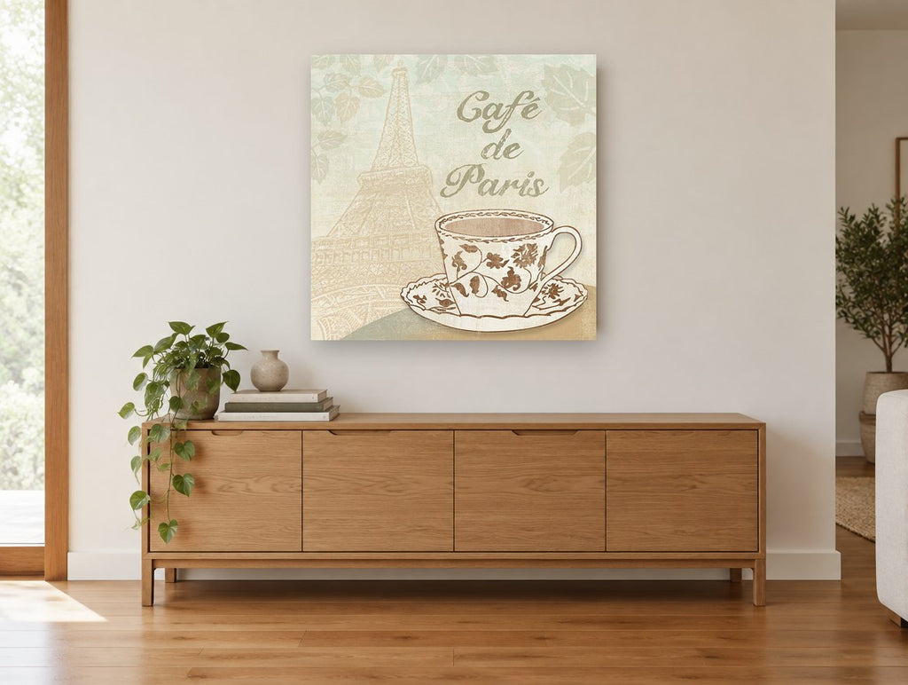 Paris Café Teacup kitchen canvas print on the wall of a living room above a sideboard