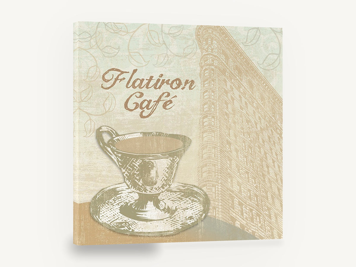 Flatiron Coffee Corner, flatiron cafe coffee cup vintage, kitchen canvas wall art print ready to hang