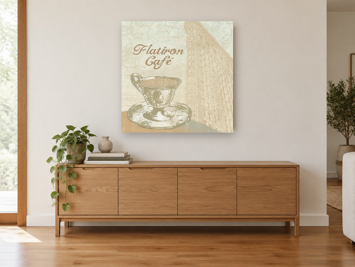 Flatiron Coffee Corner kitchen canvas print on the wall of a living room above a sideboard