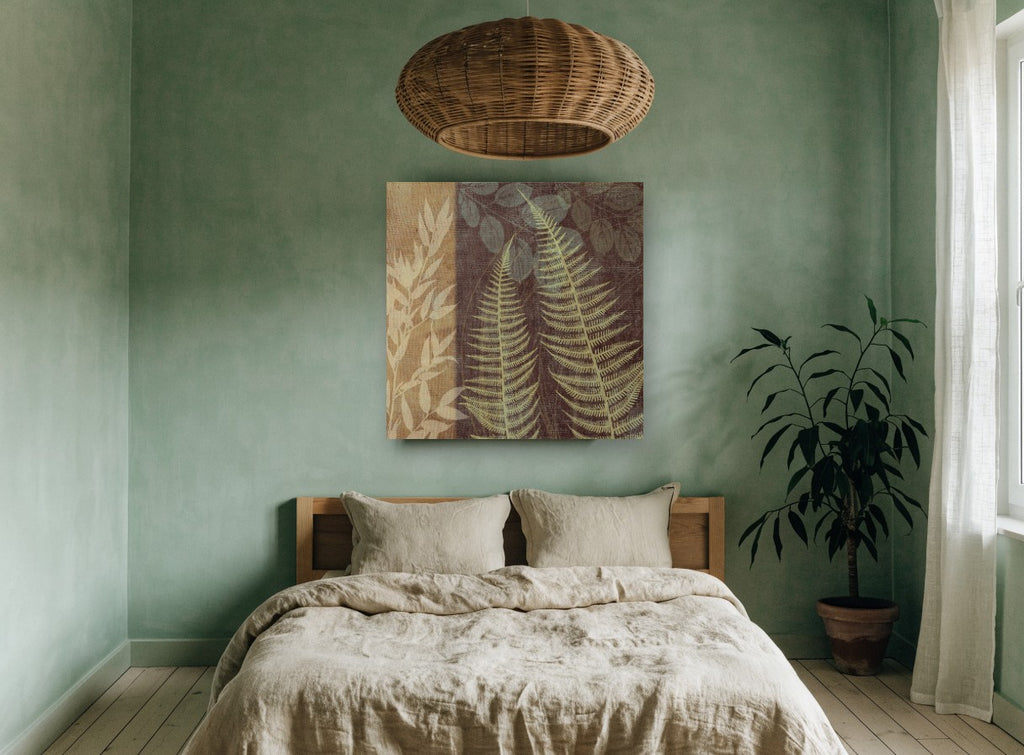 Fern Fronds on Burlap floral canvas print on the wall of a bedroom