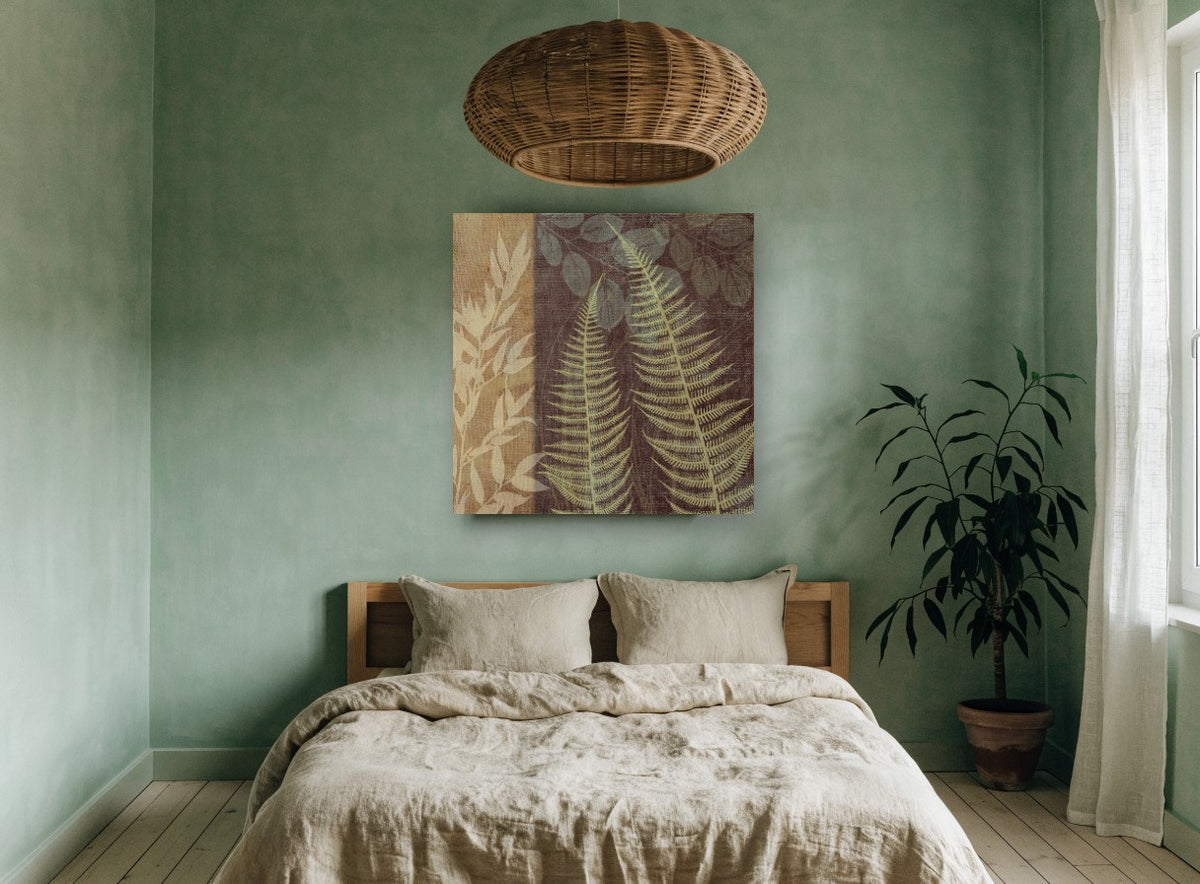 Fern Fronds on Burlap floral canvas print on the wall of a bedroom