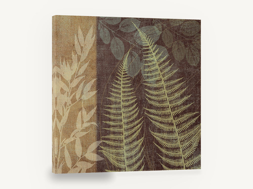 Fern Fronds on Burlap, fern leaves botanical silhouette, floral canvas wall art print ready to hang