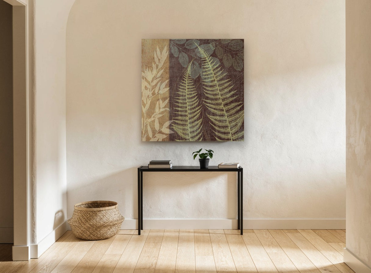 Fern Fronds on Burlap floral canvas print on the wall of a hallway