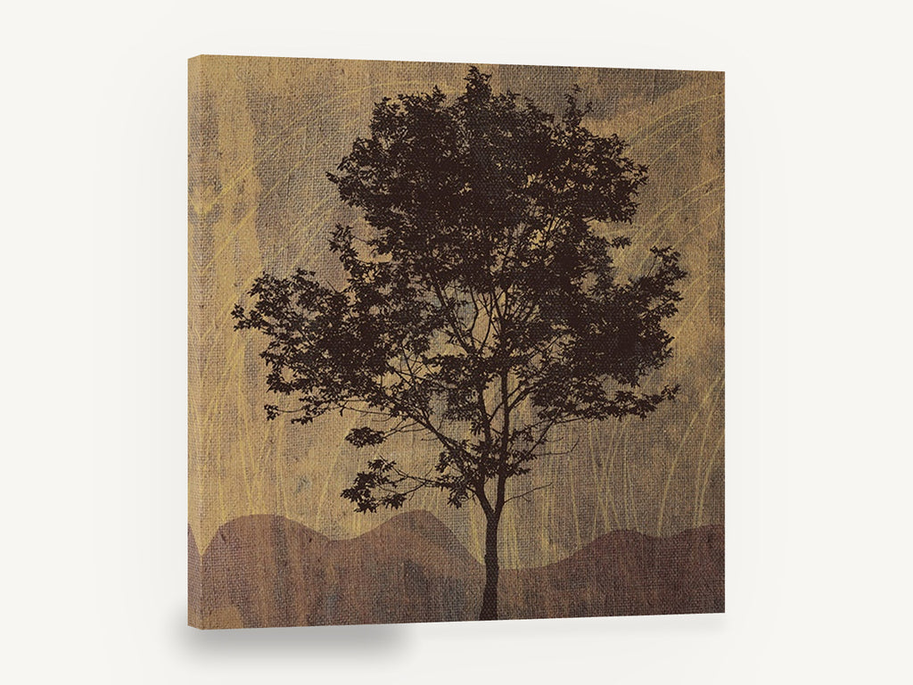 Lone Tree on Burlap, tree silhouette burlap texture landscape, floral canvas wall art print ready to hang