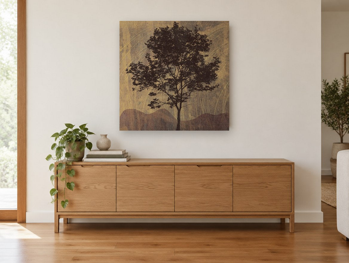 Lone Tree on Burlap floral canvas print on the wall of a living room above a sideboard
