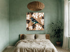 Sparrow on Woodgrain floral canvas print on the wall of a bedroom