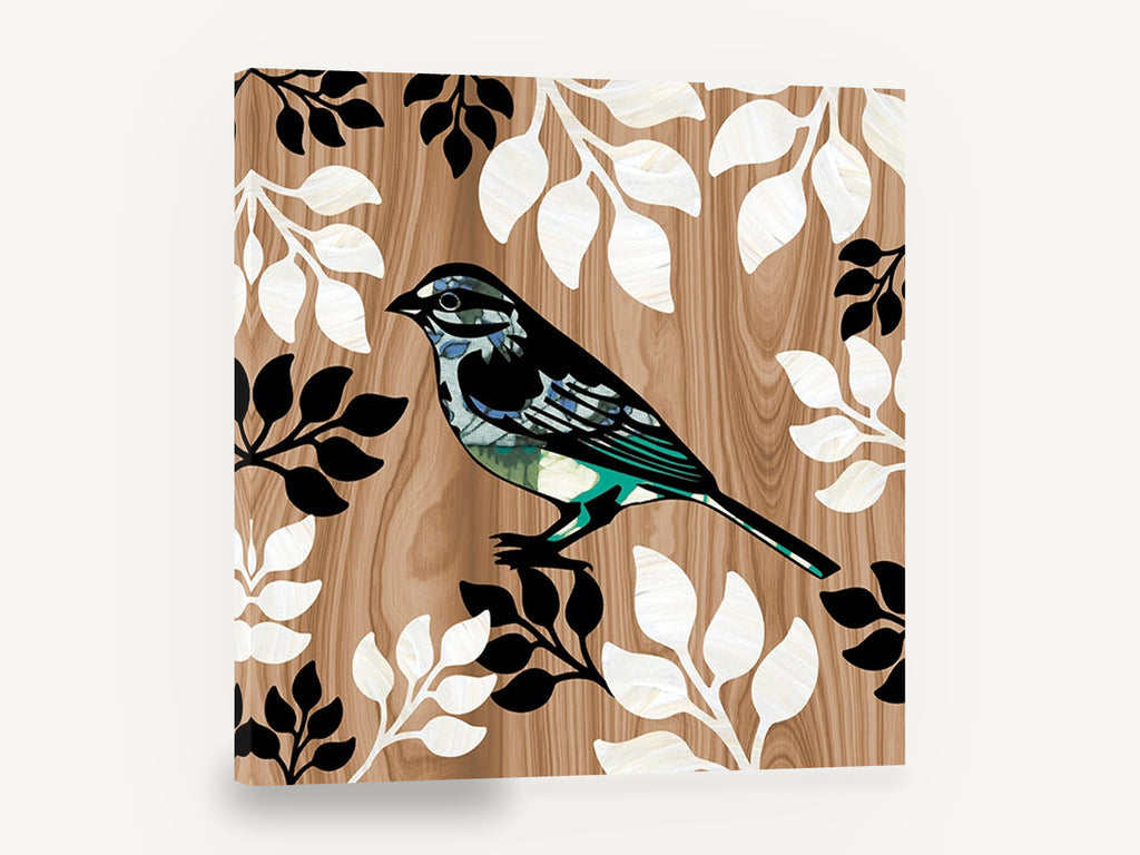 Sparrow on Woodgrain, bird and leaves on wood grain illustration, floral canvas wall art print ready to hang