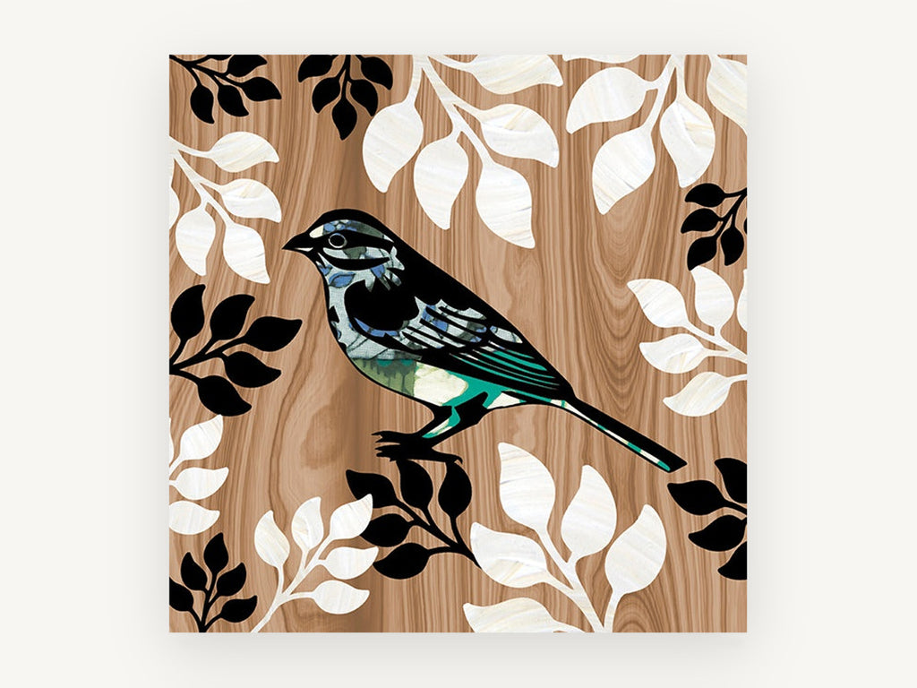 Sparrow on Woodgrain, floral canvas wall art print, front view