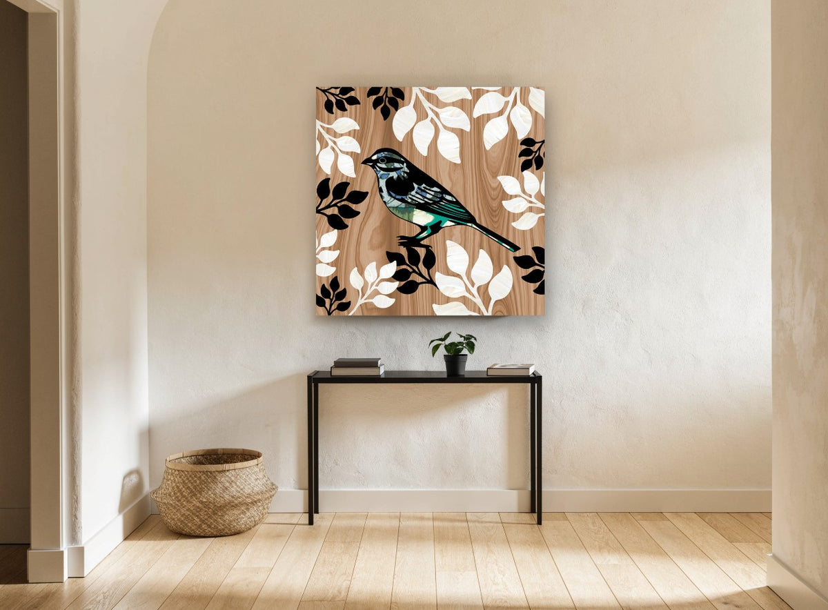 Sparrow on Woodgrain floral canvas print on the wall of a hallway
