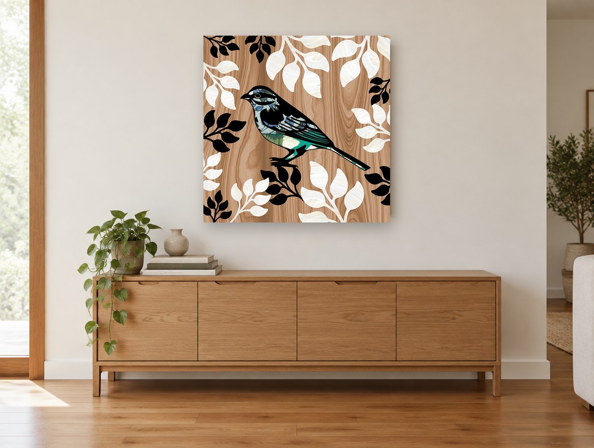 Sparrow on Woodgrain floral canvas print on the wall of a living room above a sideboard