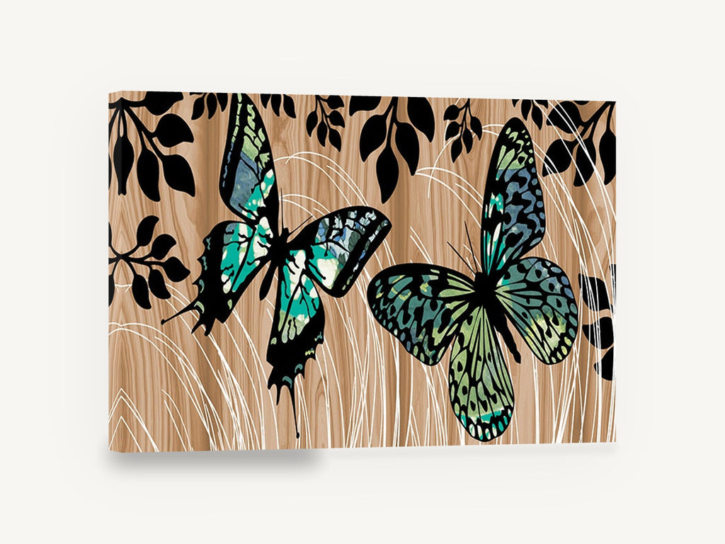 Butterflies on Woodgrain, teal butterflies woodgrain illustration, animal canvas wall art print ready to hang