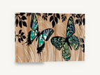 Butterflies on Woodgrain, teal butterflies woodgrain illustration, animal canvas wall art print ready to hang