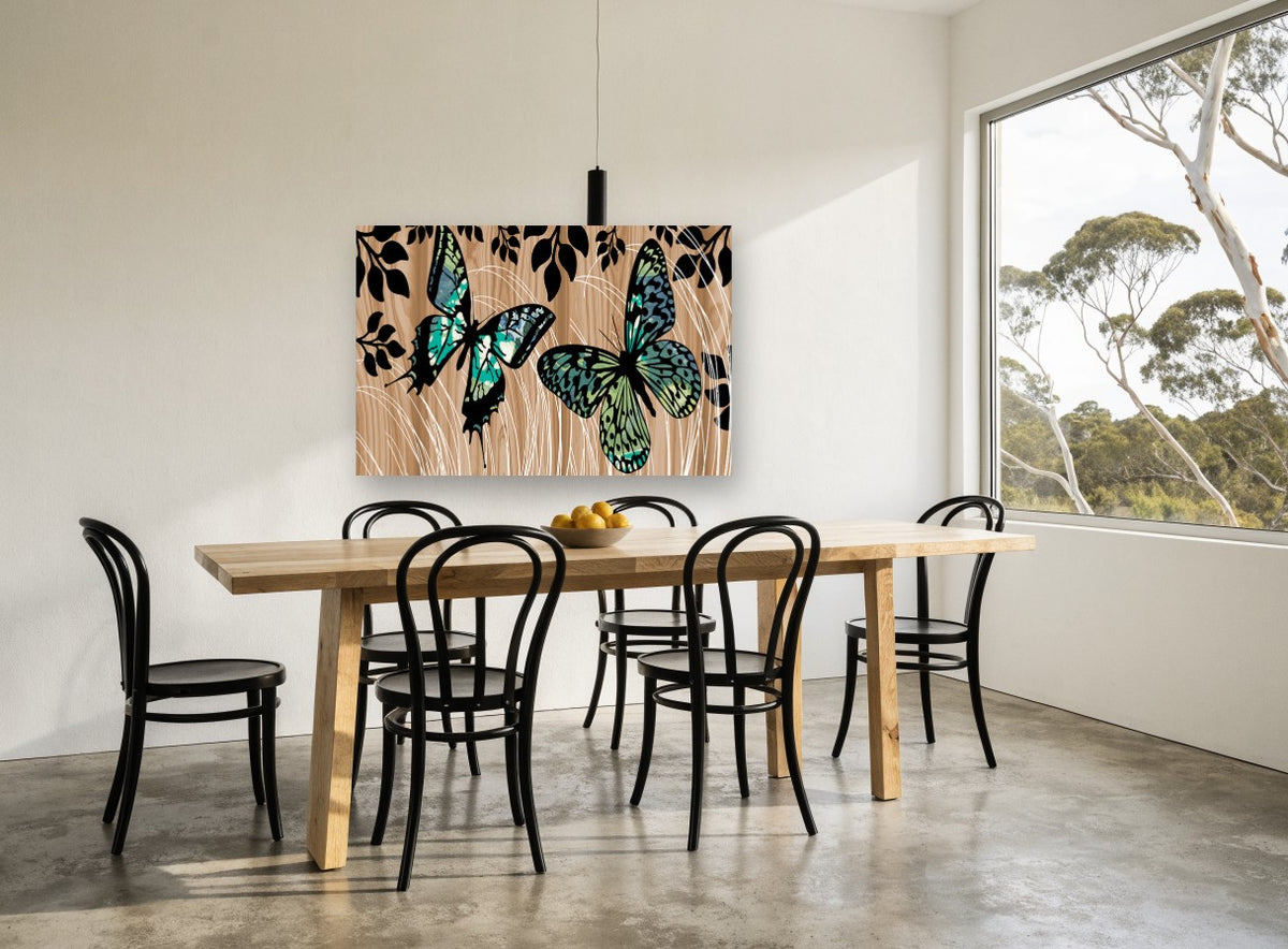 Butterflies on Woodgrain animal canvas print on the wall of a dining room