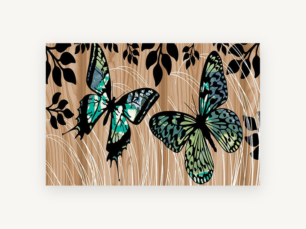 Butterflies on Woodgrain, teal butterflies woodgrain illustration, animal canvas wall art print, front view