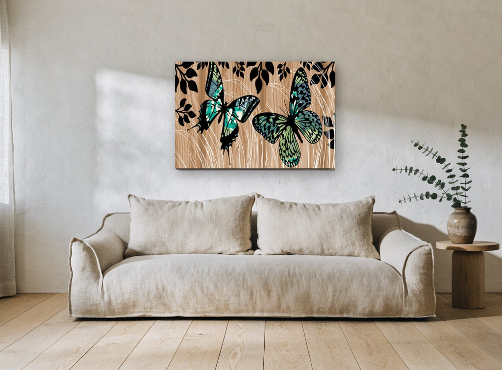 Butterflies on Woodgrain animal canvas print on the wall of a living room