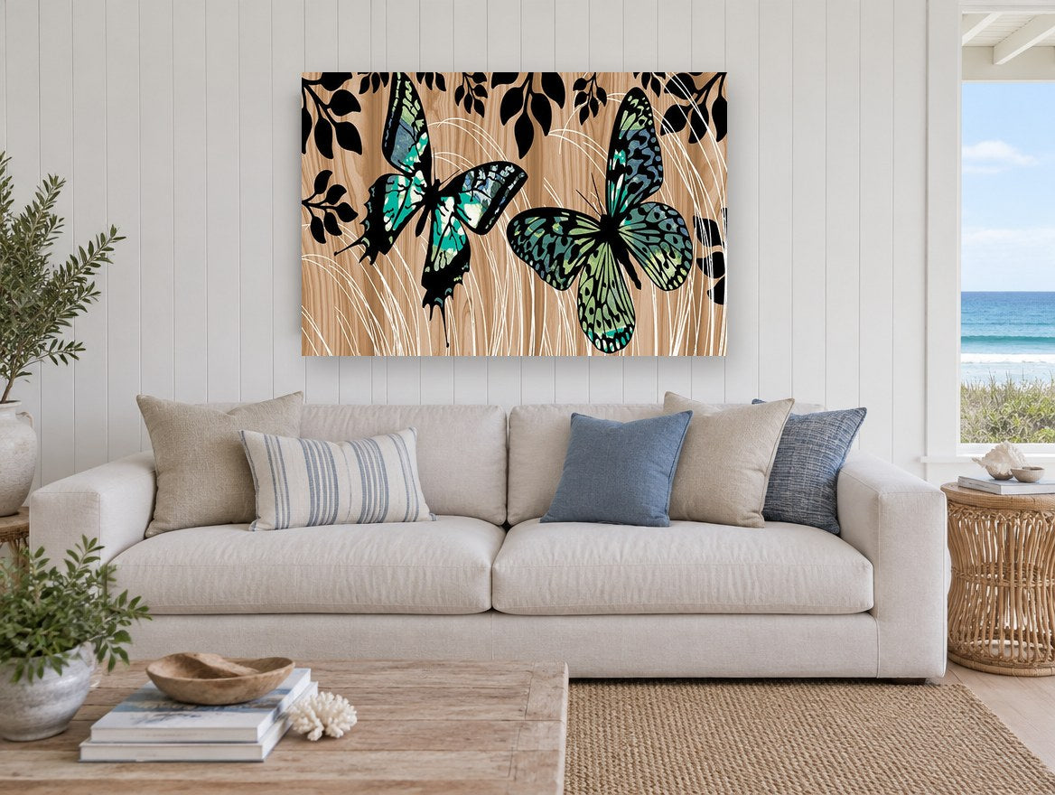 Butterflies on Woodgrain animal canvas print on the wall of a beach house living room