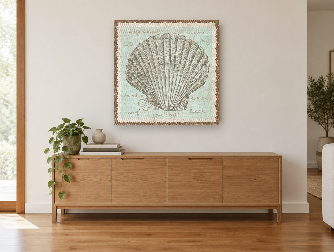 Fan Shell Study coastal canvas print on the wall of a living room above a sideboard