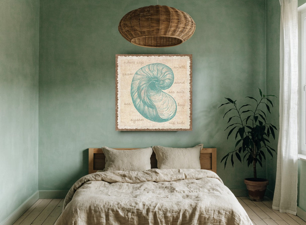 Teal Nautilus Shell Study coastal canvas print on the wall of a bedroom