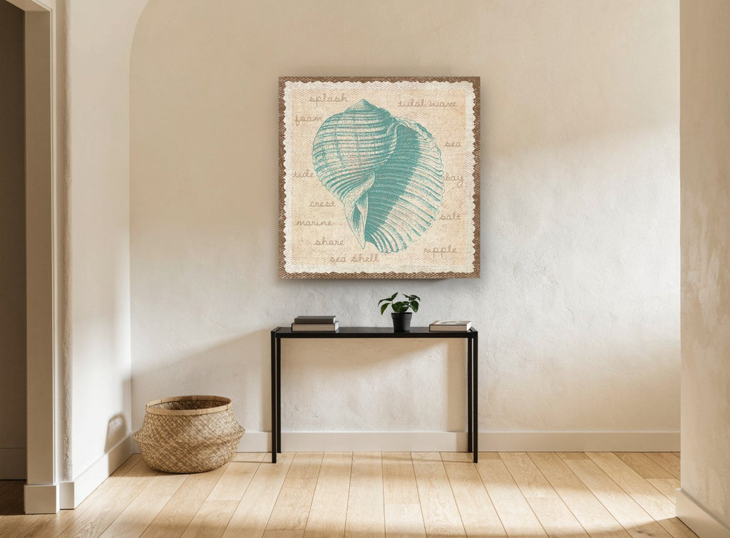 Teal Shell Vocabulary coastal canvas print on the wall of a hallway