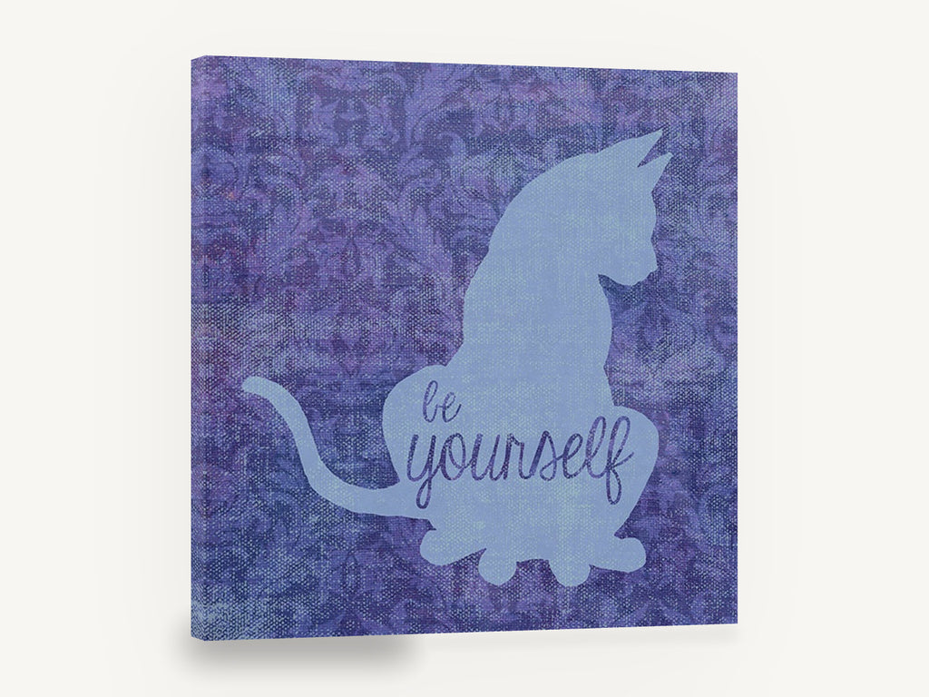Be Yourself Cat, purple cat silhouette typography illustration, animal canvas wall art print ready to hang