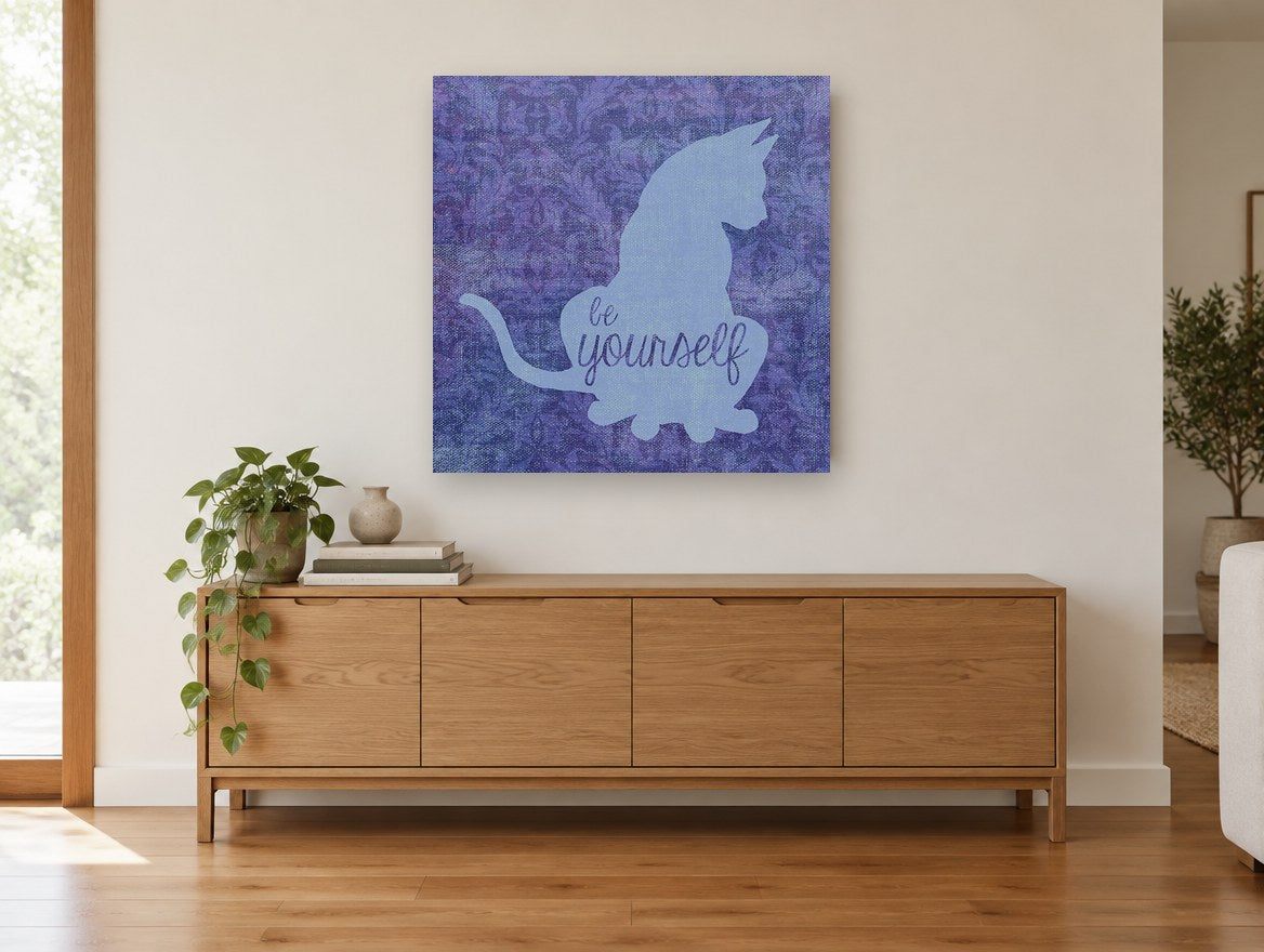 Be Yourself Cat animal canvas print on the wall of a living room above a sideboard
