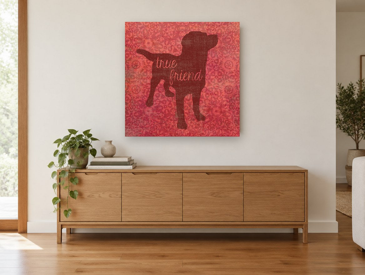 True Friend Dog Silhouette animal canvas print on the wall of a living room above a sideboard