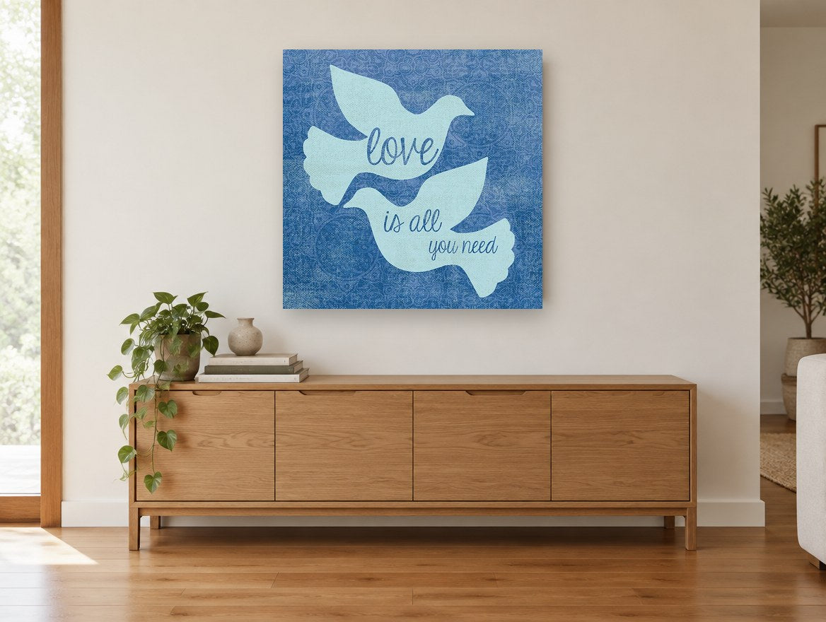 Two Doves Love Quote animal canvas print on the wall of a living room above a sideboard