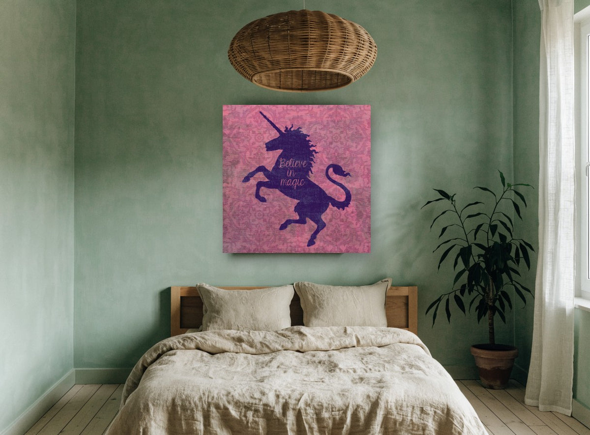 Believe in Magic Unicorn animal canvas print on the wall of a bedroom