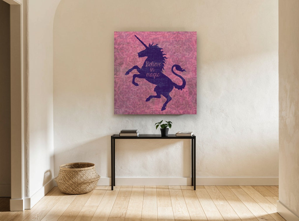 Believe in Magic Unicorn animal canvas print on the wall of a hallway
