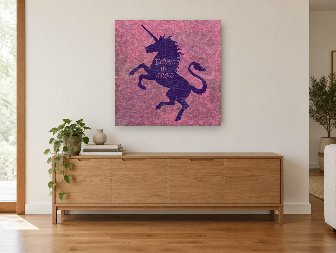 Believe in Magic Unicorn animal canvas print on the wall of a living room above a sideboard