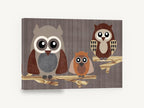 Owl Family on Branches, three owls on branches illustration, animal canvas wall art print ready to hang