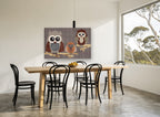 Owl Family on Branches animal canvas print on the wall of a dining room